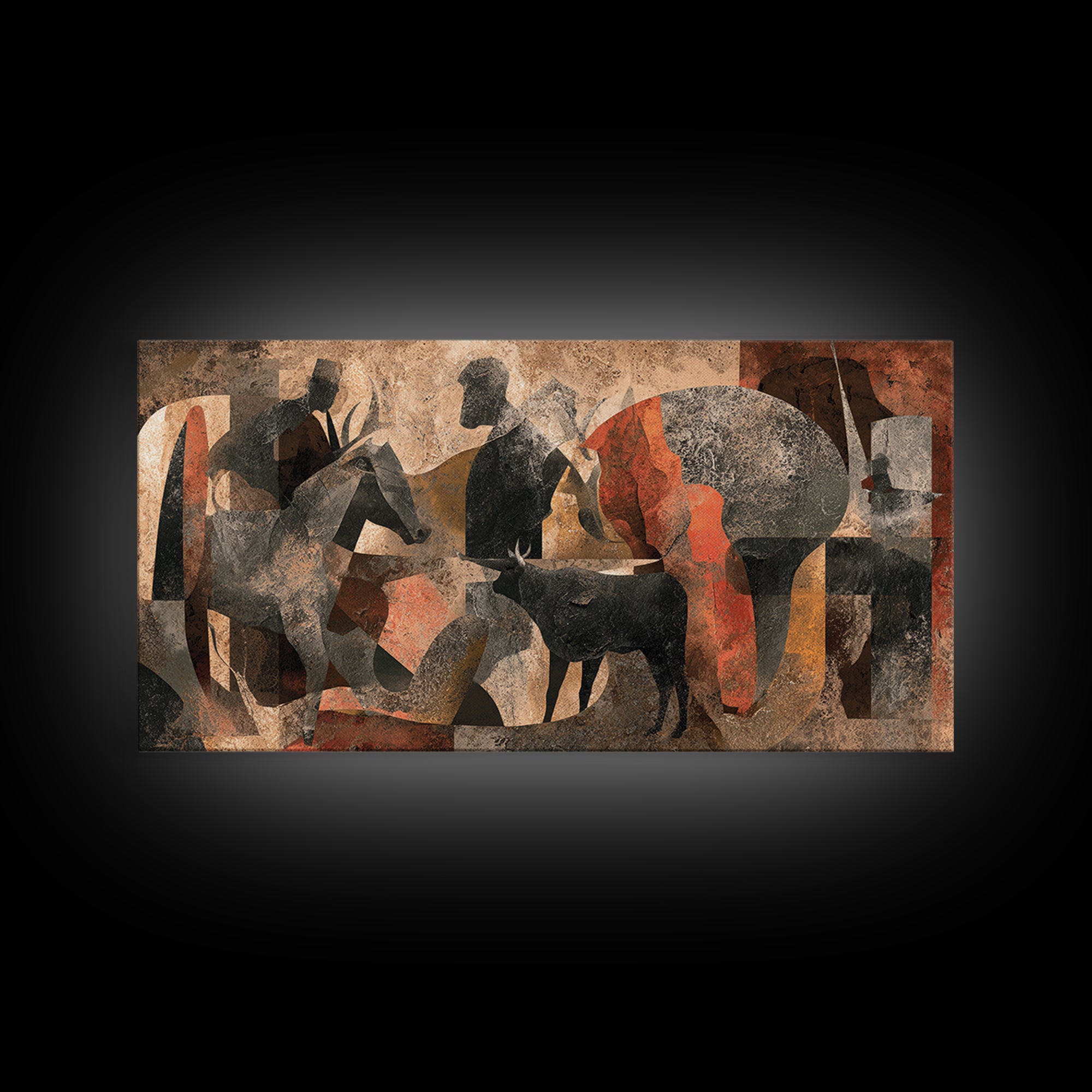 Abstract African Herdsmen And Cattle Wall Art, Modern Cubism, Tribal Decor, Earth Tone Canvas Print For Stylish Home Decor