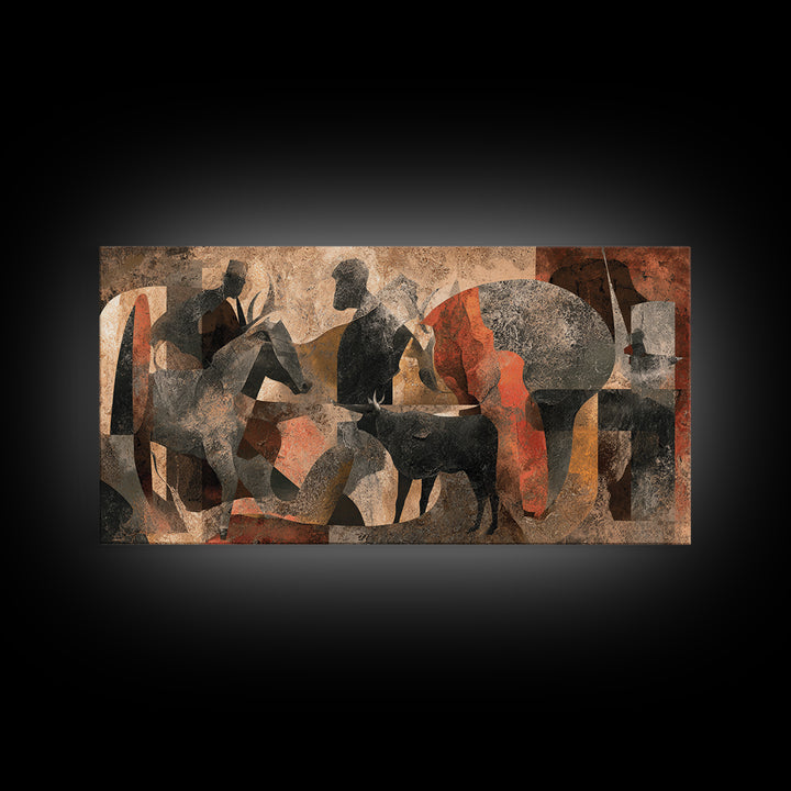 Abstract African Herdsmen And Cattle Wall Art, Modern Cubism, Tribal Decor, Earth Tone Canvas Print For Stylish Home Decor
