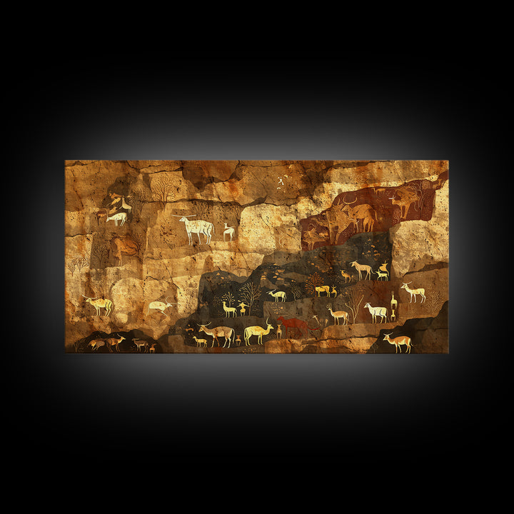 Ochre Cave Herd Rock Painting Canvas Print, African Animal Art, Tribal Wall Decor, Ancient Safari Artwork For Earth Tone Home