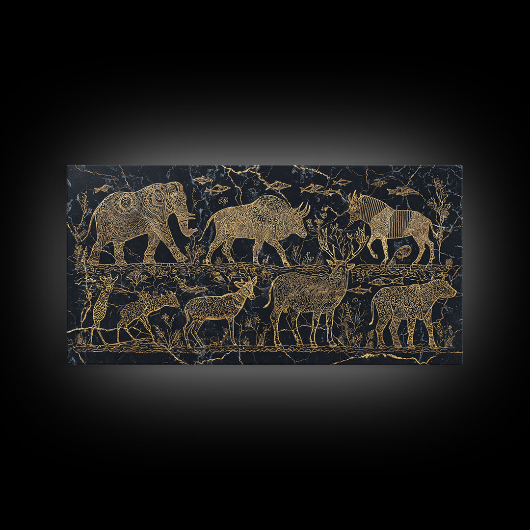 Gold Safari Animal Linework With Elephants And Giraffes Wall Art, African Safari Art, Black And Gold Art, Living Room Decor