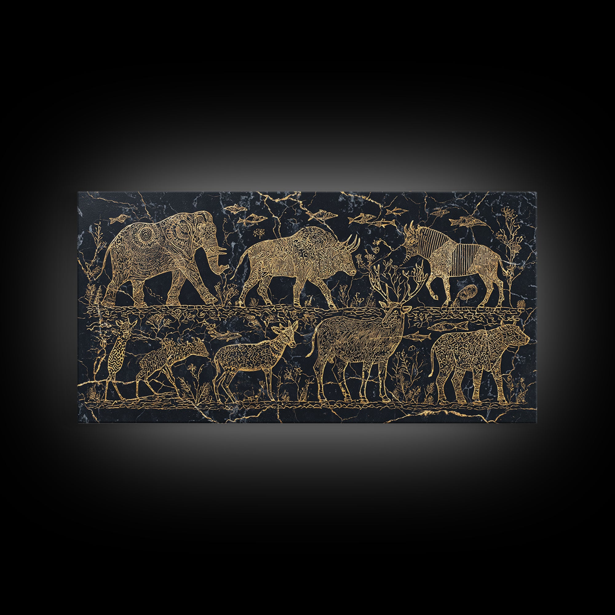 Gold Safari Animal Linework With Elephants And Giraffes Wall Art, African Safari Art, Black And Gold Art, Living Room Decor