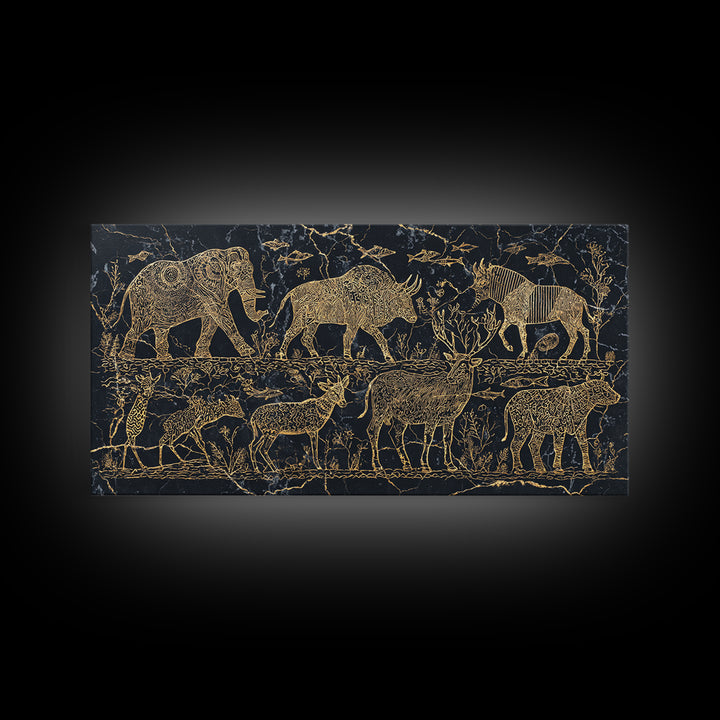 Gold Safari Animal Linework With Elephants And Giraffes Wall Art, African Safari Art, Black And Gold Art, Living Room Decor