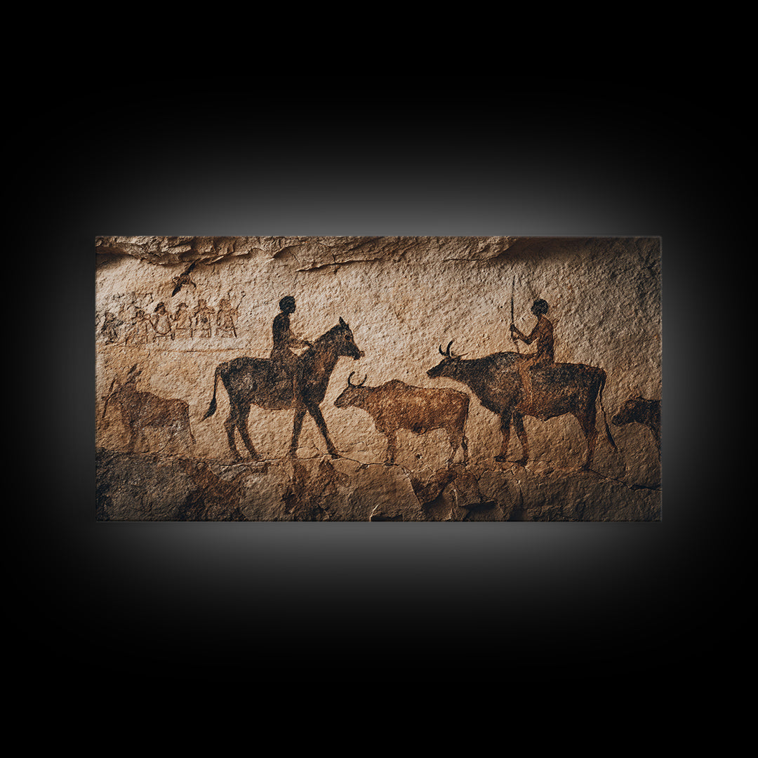 Ancient Cave Painting With Riders And Cattle Canvas Print, African Rock Art, Tribal Wall Decor, Rustic Home Decor Gift Idea