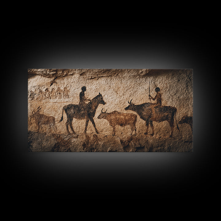 Ancient Cave Painting With Riders And Cattle Canvas Print, African Rock Art, Tribal Wall Decor, Rustic Home Decor Gift Idea