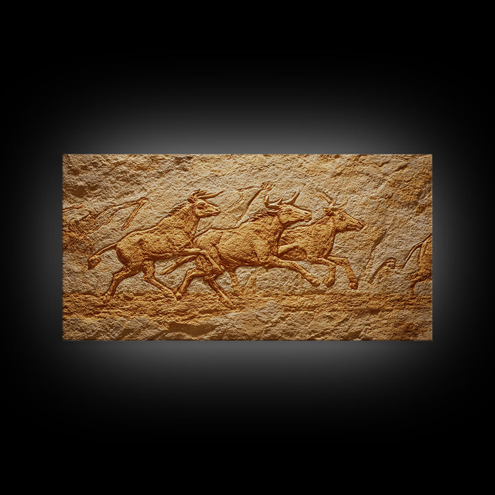 Carved Stone Antelope Herd In Ancient Cave Relief Wall Art, African Animal Art, Tribal Art Print, Earth Tone Decor, Rustic Home Decor