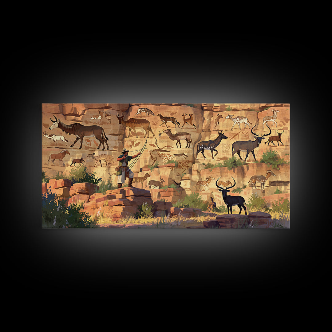 Desert Canyon Pictographs With Explorer And Antelope Canvas Print, African Inspired Rock Art, Safari Wall Decor Gift For Him