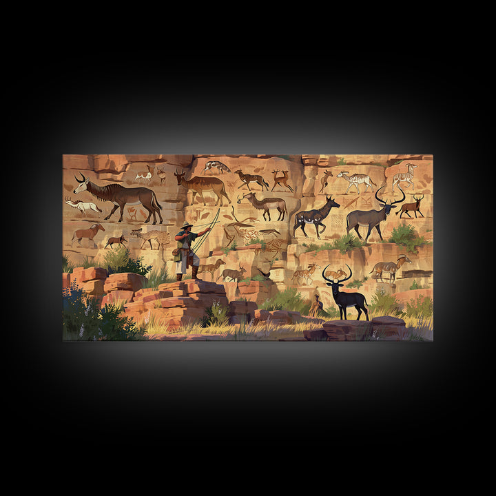 Desert Canyon Pictographs With Explorer And Antelope Canvas Print, African Inspired Rock Art, Safari Wall Decor Gift For Him