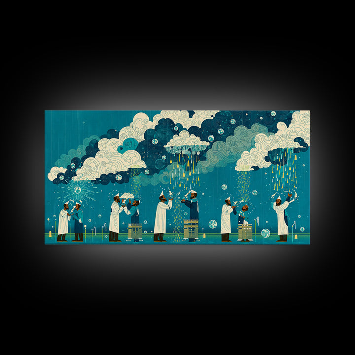 Scientists Harvesting Rain From Patterned Clouds Wall Art, Contemporary Art, Teal And Yellow Art, Modern Office Decor Gift