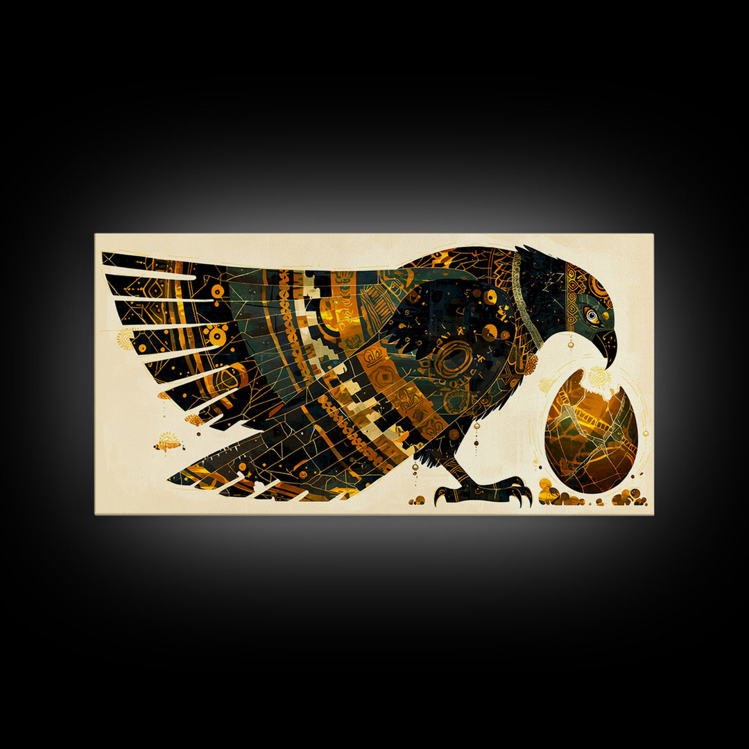 Ornate Egyptian Falcon With Golden Egg Canvas Print, African Egyptian Art, Black Gold Decor, Spiritual Wall Art Gift For Her