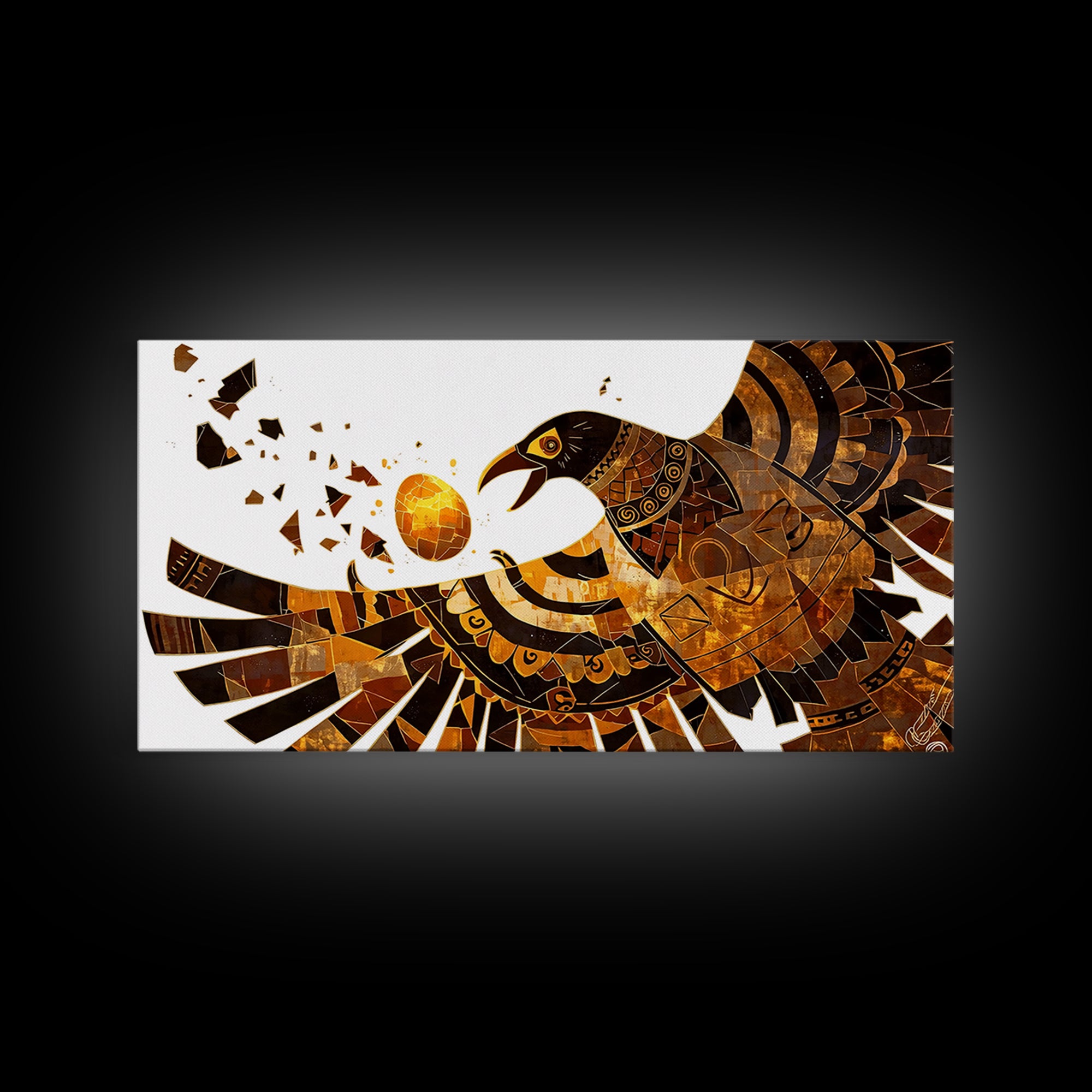 Geometric Black Gold Eagle Holding Sun Orb Canvas Print, African Inspired Abstract Art, Bold Wall Decor, Unique Canvas Gift