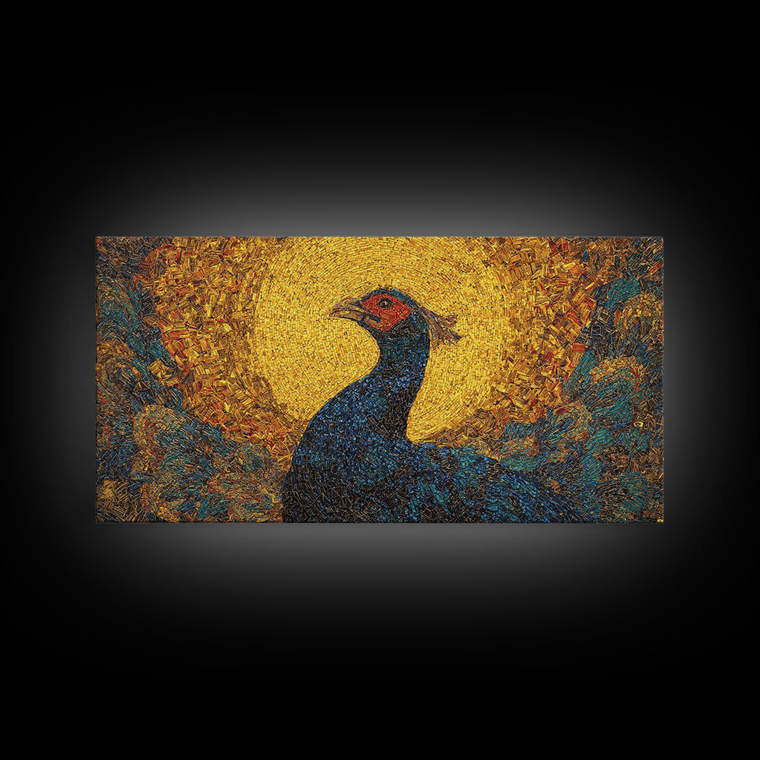 Blue Peacock Portrait Before Golden Sun Wall Art, African Inspired Bird Art, Textured Canvas Decor, Vibrant Living Room Gift