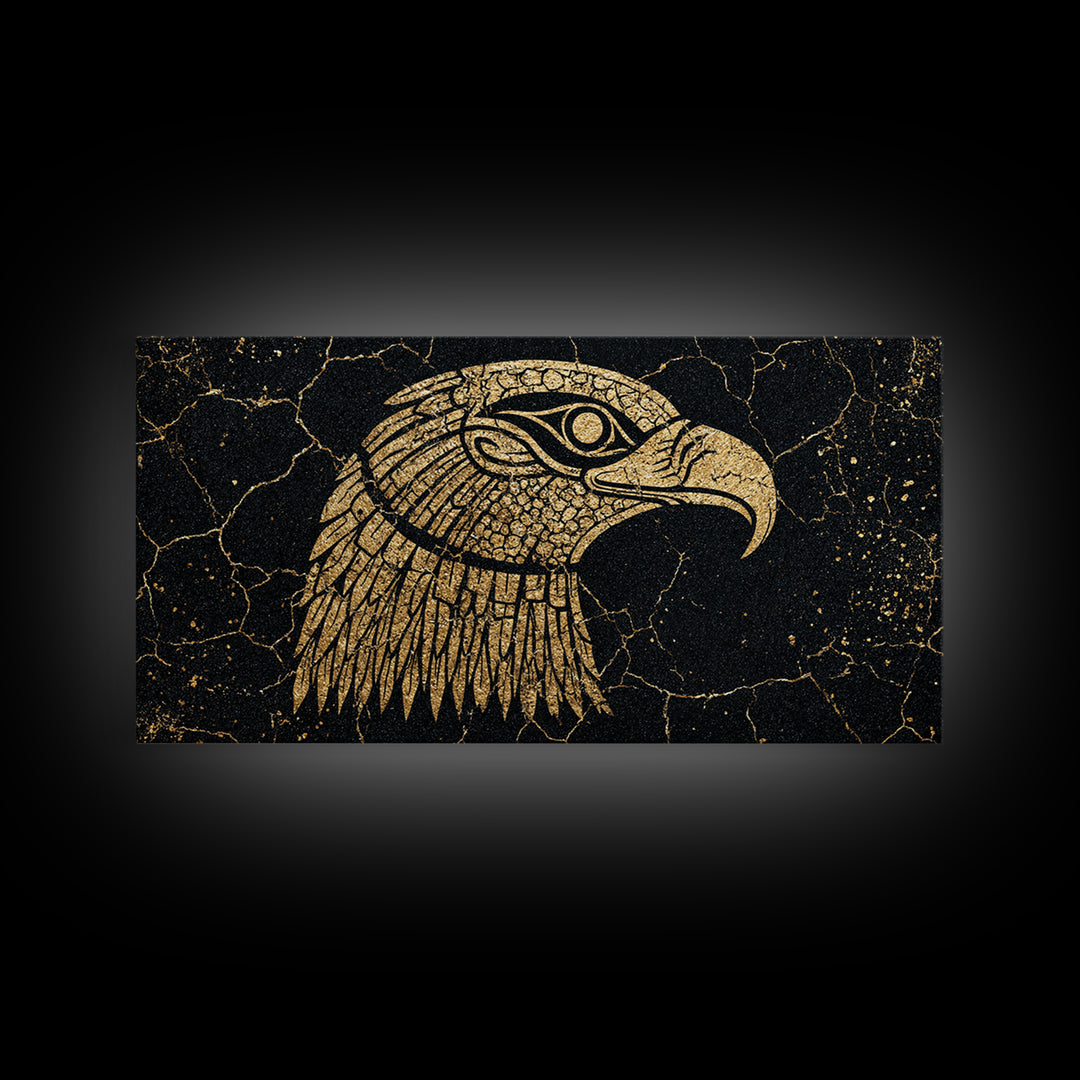 Gold Falcon Head On Black Cracked Stone Canvas Print, African Egyptian Art, Tribal Bird Decor, Luxury Wall Art Gift For Him
