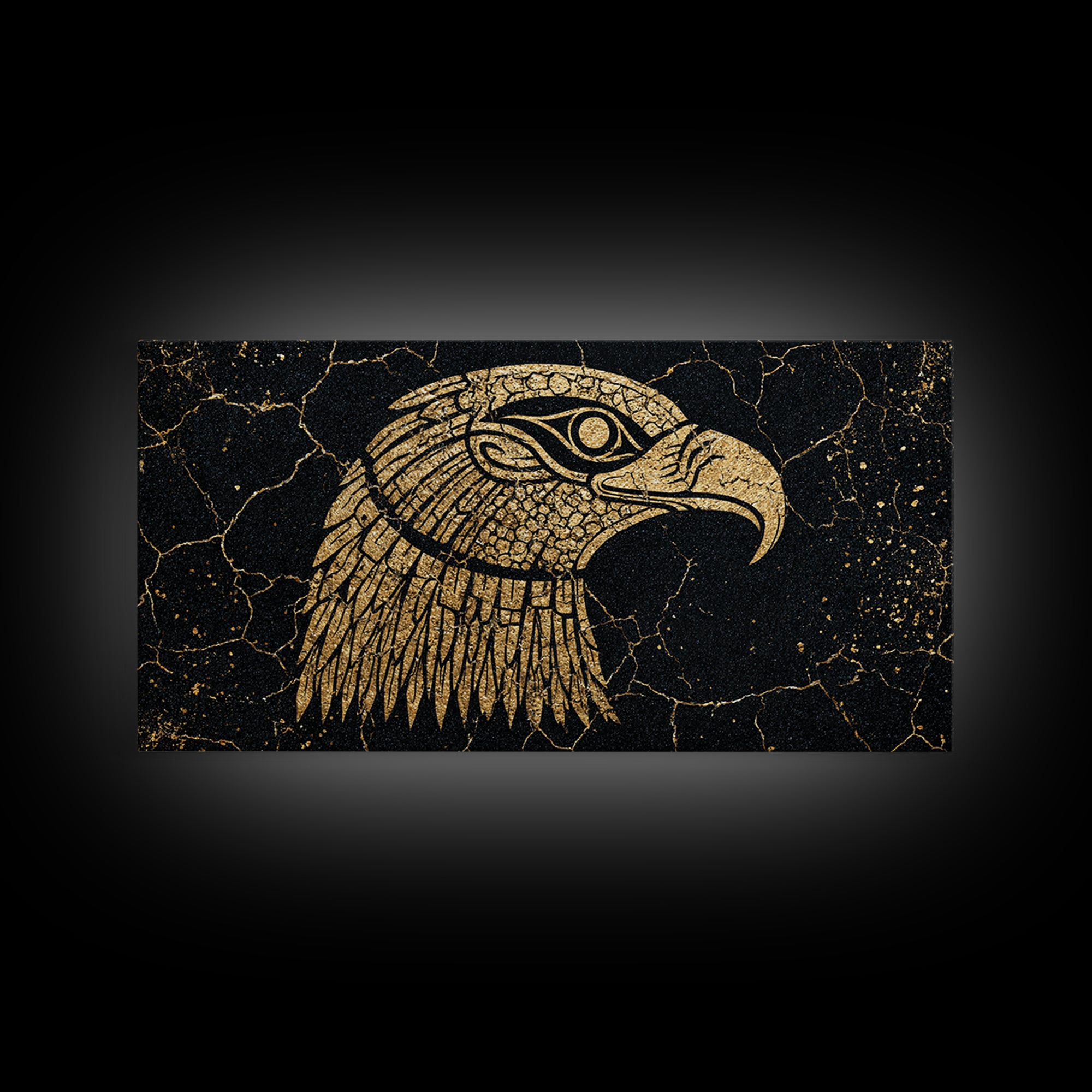 Gold Falcon Head On Black Cracked Stone Canvas Print, African Egyptian Art, Tribal Bird Decor, Luxury Wall Art Gift For Him