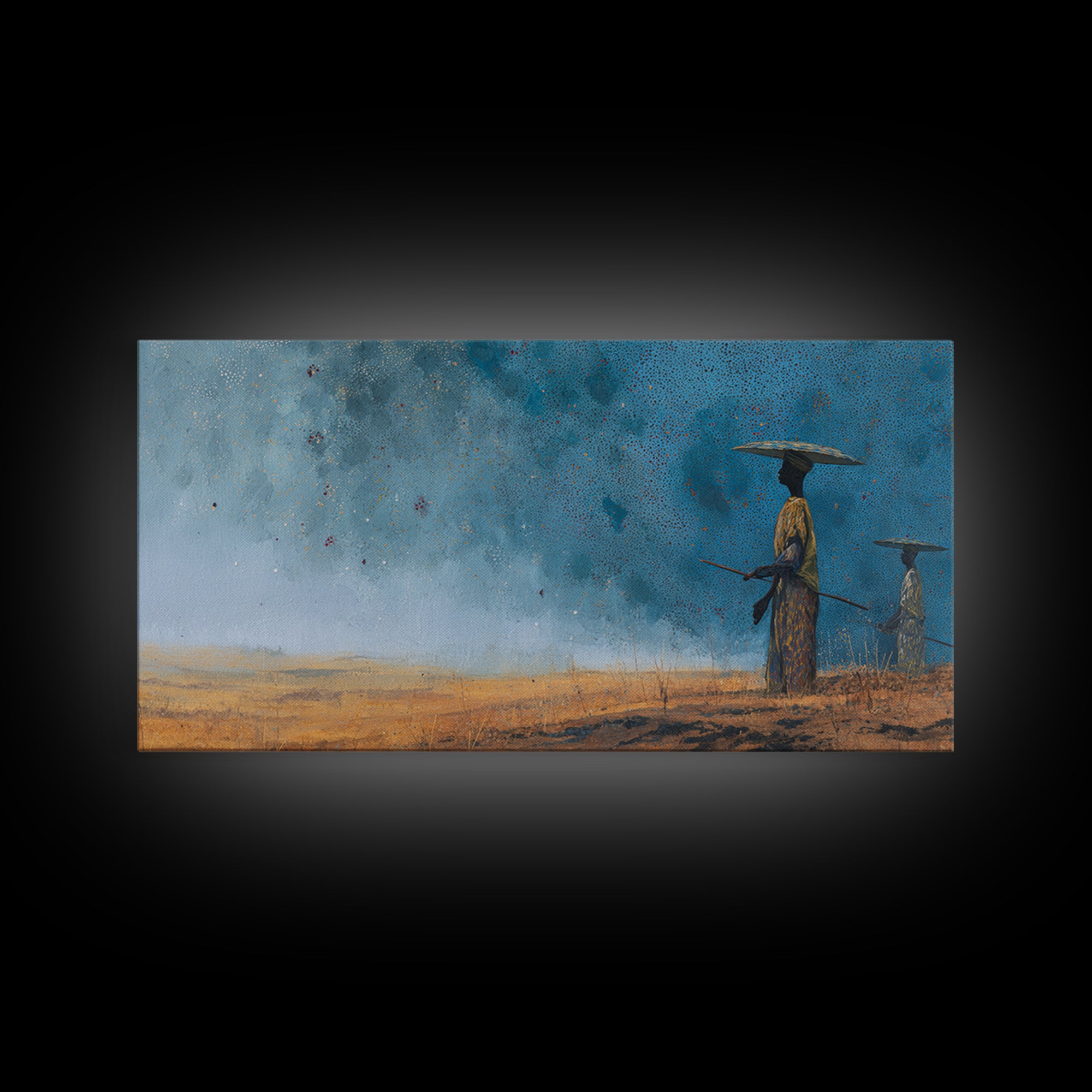 Blue Desert African Figures Wall Art, Minimalist Safari Landscape Painting, Modern Cultural Home Decor Canvas Gift For Bedroom