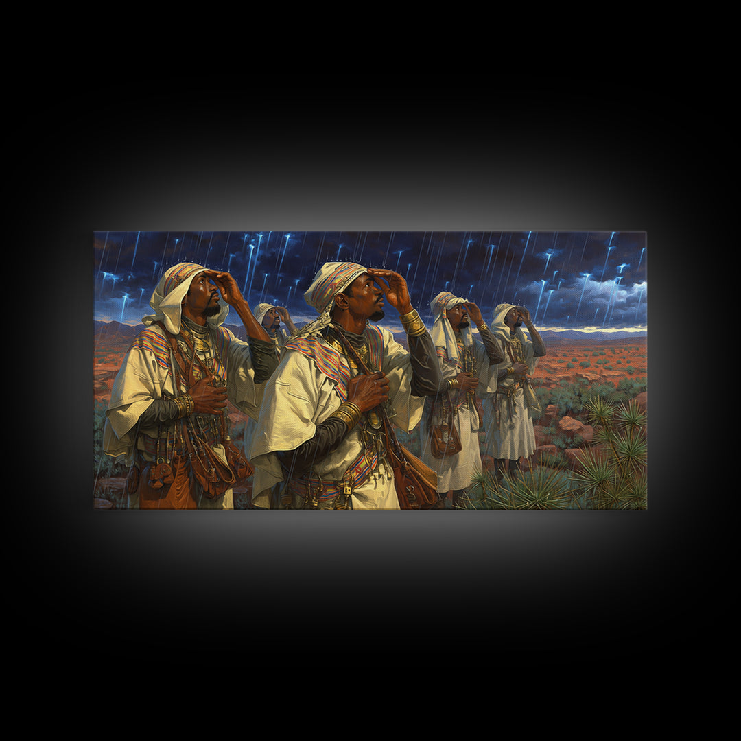 Berber Storm Watchers Canvas Print, African Warrior Art, Desert Lightning Scene, Tribal Wall Decor For Living Room And Office