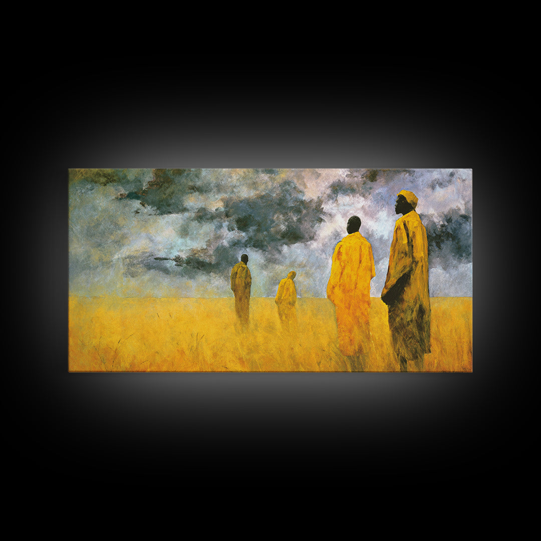 Yellow Robed African Figures Framed Canvas Print, Dreamy Savannah Landscape Wall Art, Cultural Home Decor Gift For Living Room