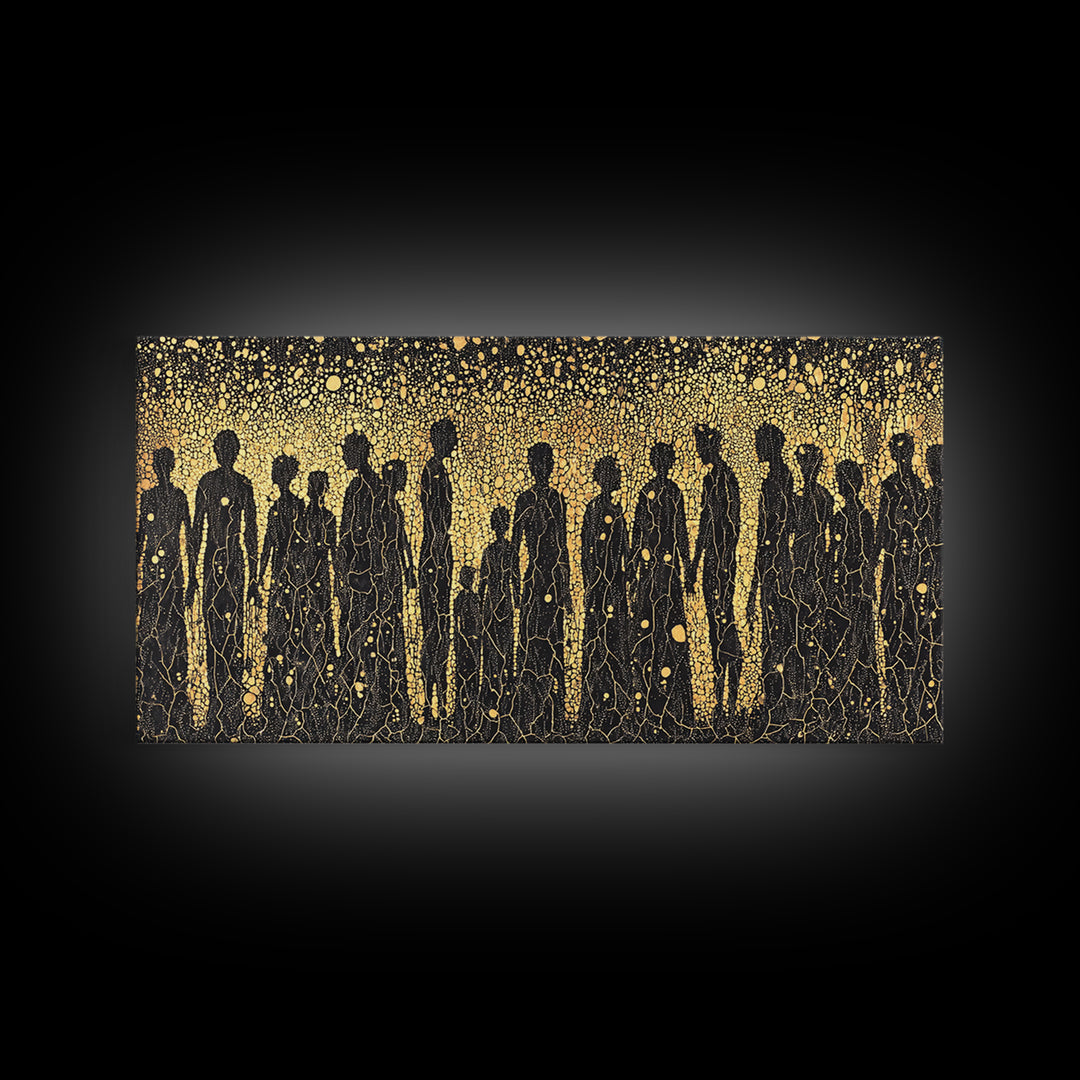Gold African Silhouette Crowd Wall Art, Abstract Tribal Figures, Black And Gold Cultural Decor Canvas Print Gift For Office