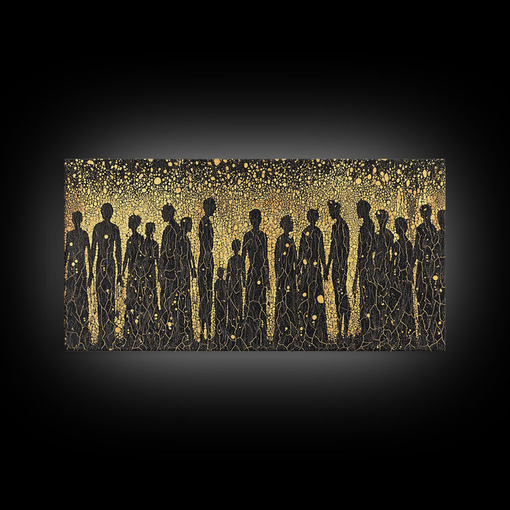 Gold African Silhouette Crowd Wall Art, Abstract Tribal Figures, Black And Gold Cultural Decor Canvas Print Gift For Office