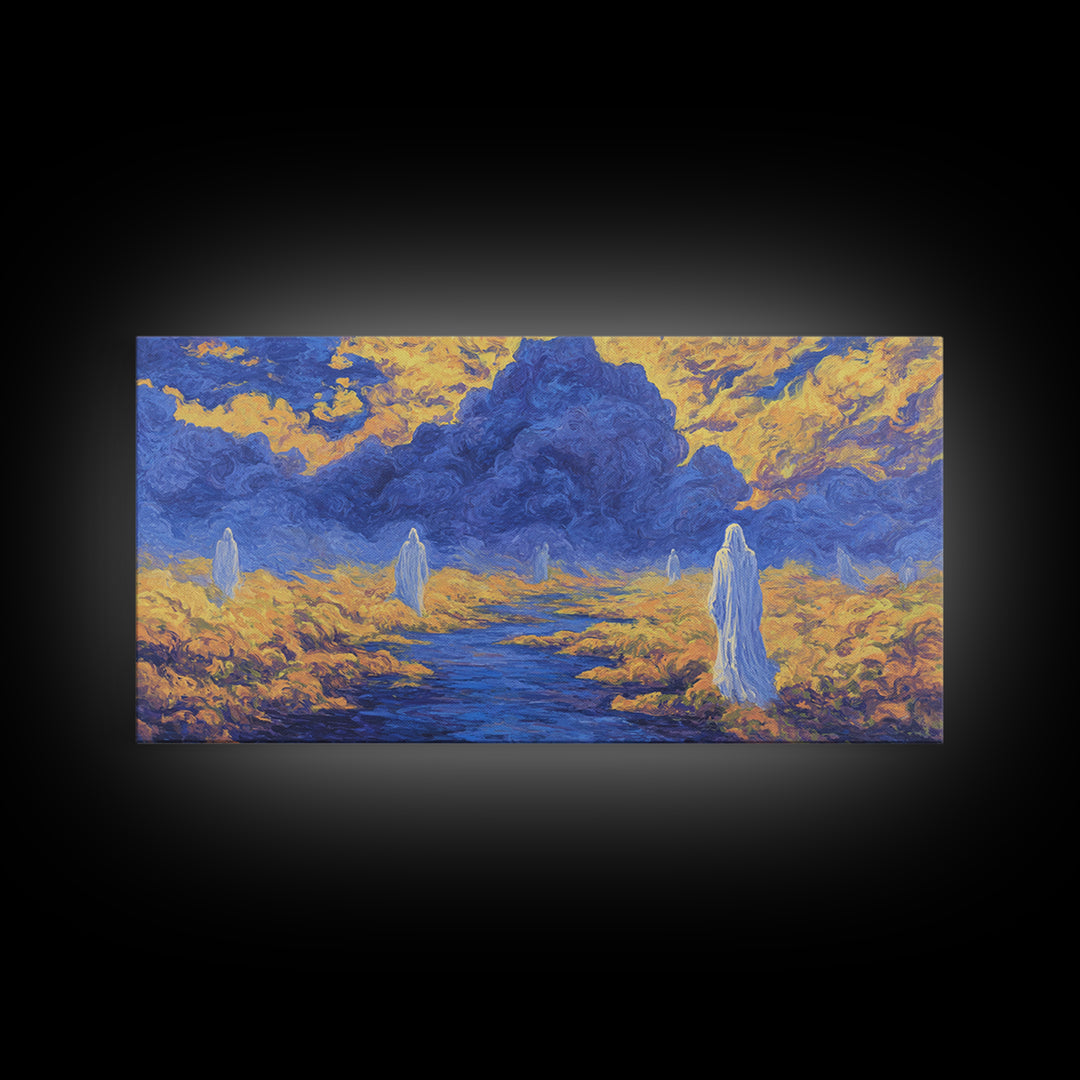 Blue Gold African Spirit Landscape Canvas Print, Mystical Savannah Wall Art, Dreamy Cultural Decor For Living Room And Office