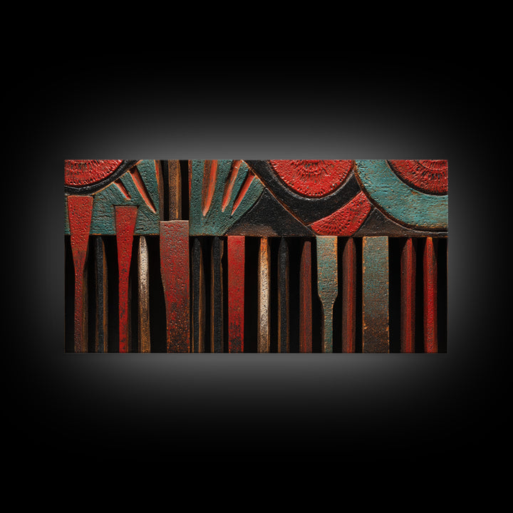 Red Teal Tribal Carved Wood Canvas Print, African Abstract Art, Ethnic Wall Decor, Bold Afrocentric Home Decor Gift For Living Room