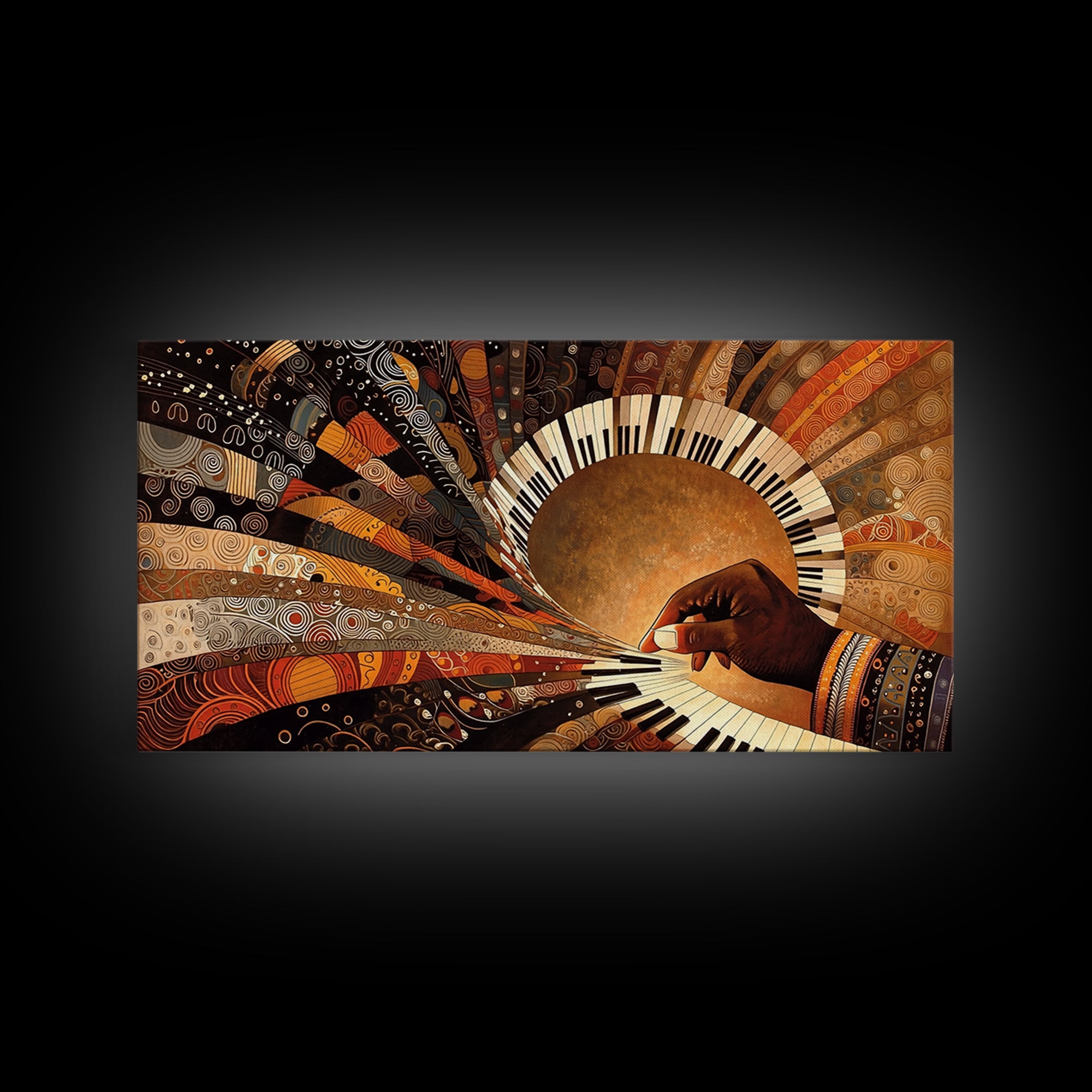 African Piano Sunburst Framed Canvas Print, Musician Hand Wall Art, Modern African Art, Afrocentric Culture Decor Gift Idea