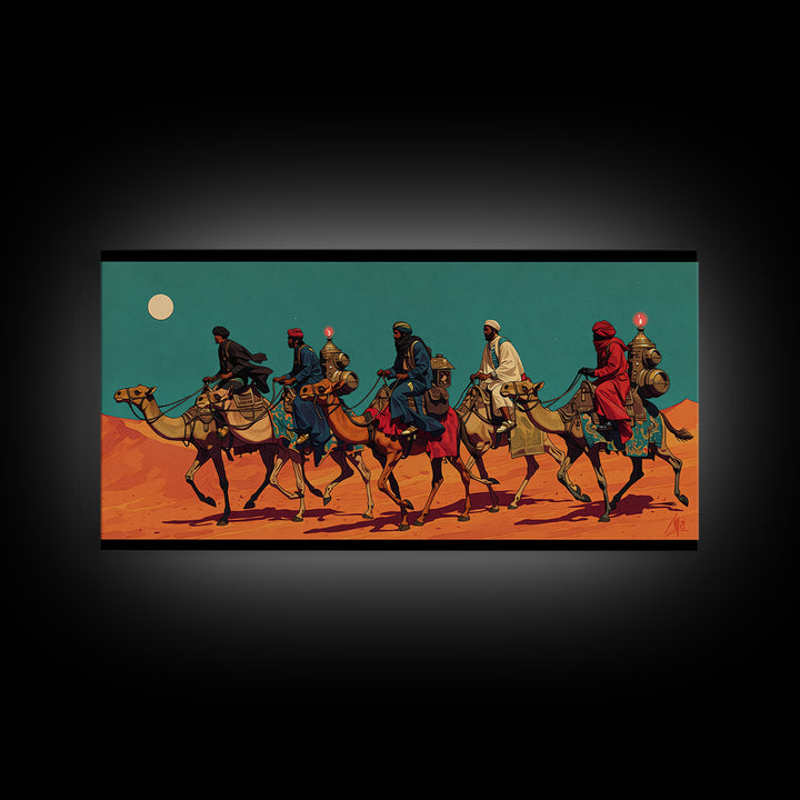 Camel Caravan Desert Travelers Wall Art, African Safari Art Print, Moroccan Travel Decor, Boho Southwestern Canvas Gift For Home