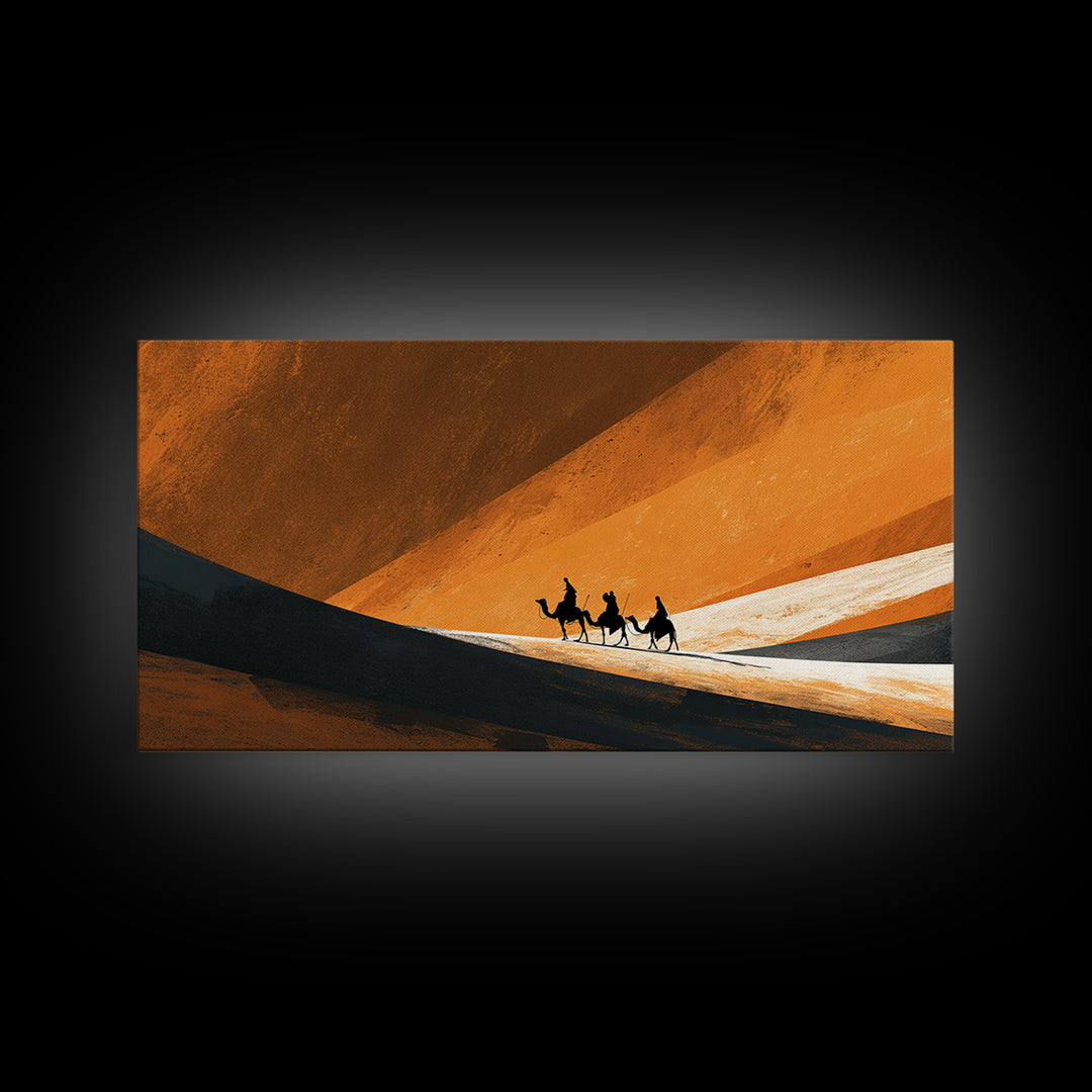 Minimal Camel Riders In Orange Dunes Canvas Print, African Landscape Wall Art, Desert Travel Poster, Earth Tone Decor Gift