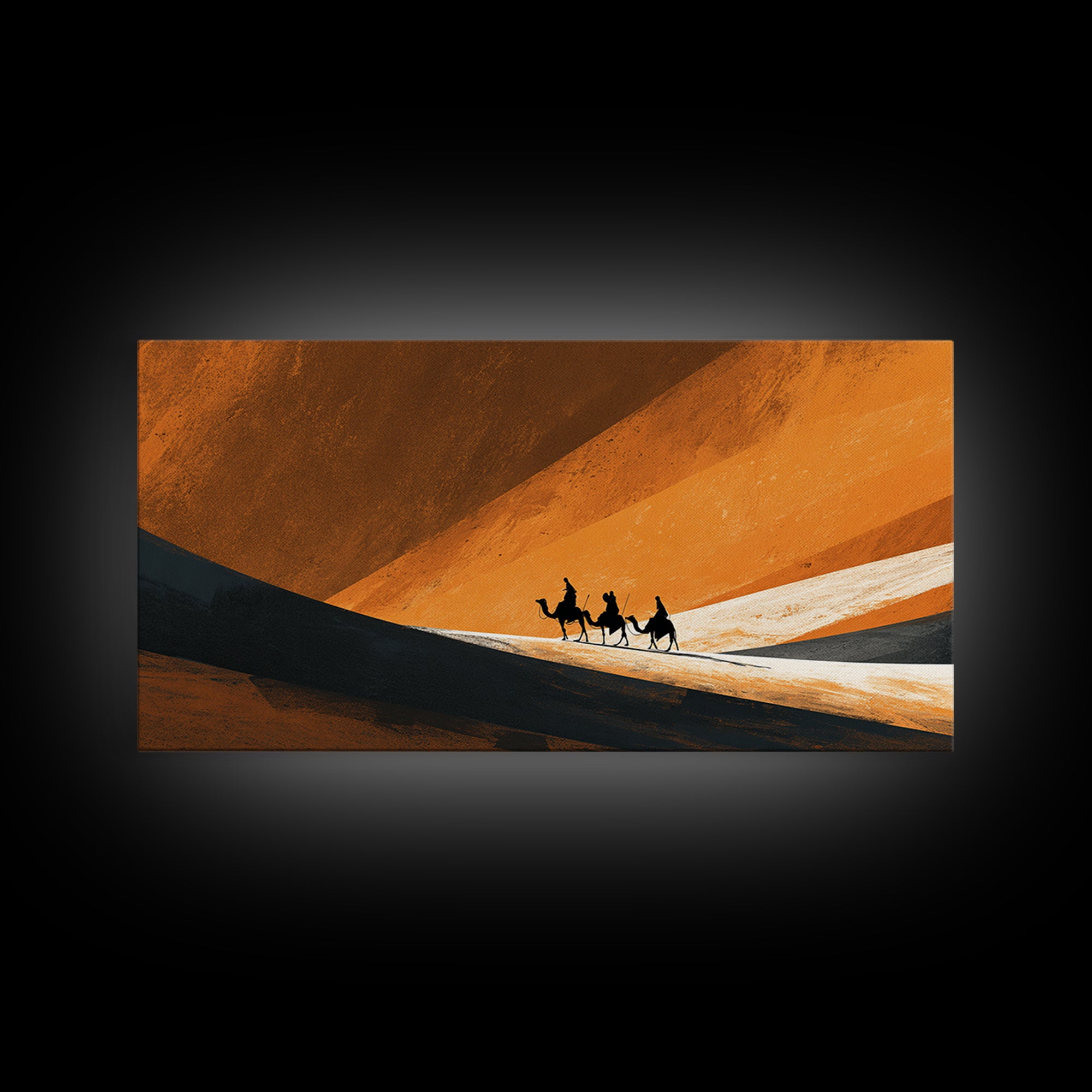 Minimal Camel Riders In Orange Dunes Canvas Print, African Landscape Wall Art, Desert Travel Poster, Earth Tone Decor Gift
