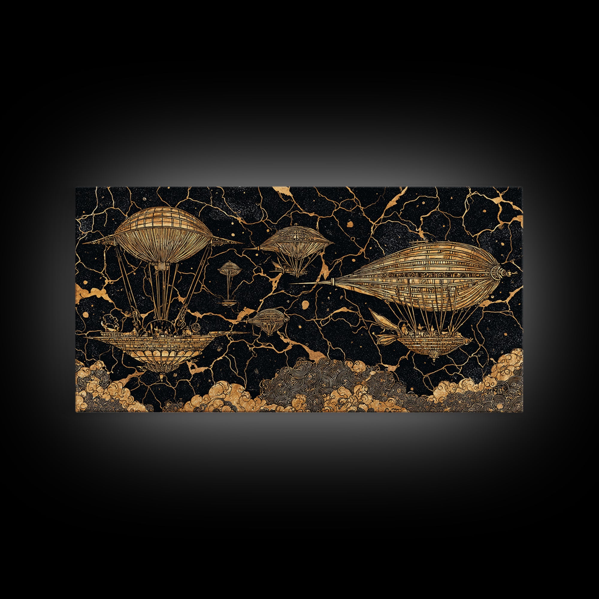 Gold Airship Fantasy Over Black Marble Wall Art, African Inspired Steampunk Canvas Print, Unique Statement Decor Gift For Office