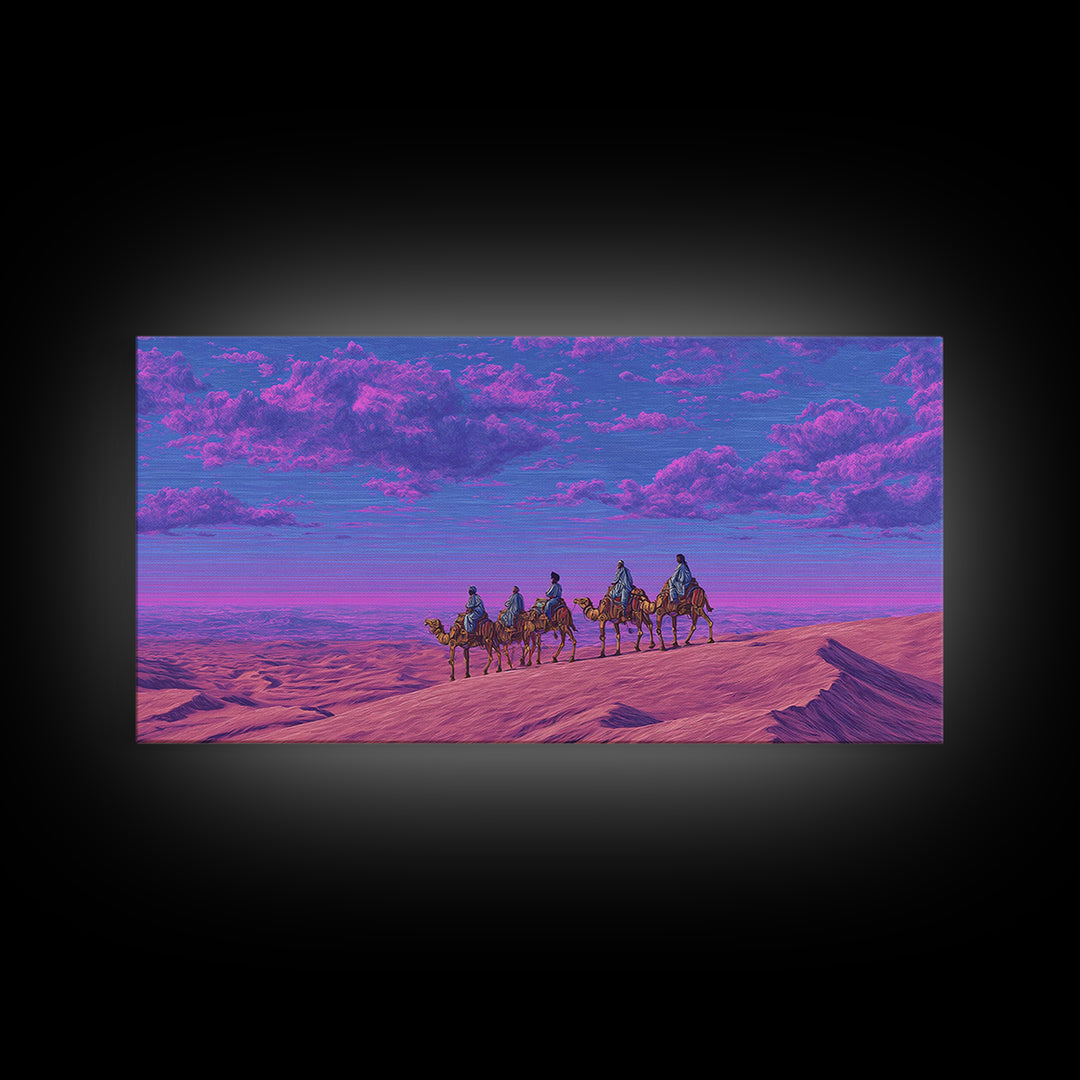 Purple Pink Camel Caravan Wall Art, Dreamy Desert Landscape Print, African Safari Art, Boho Travel Home Decor Gift For Living Room