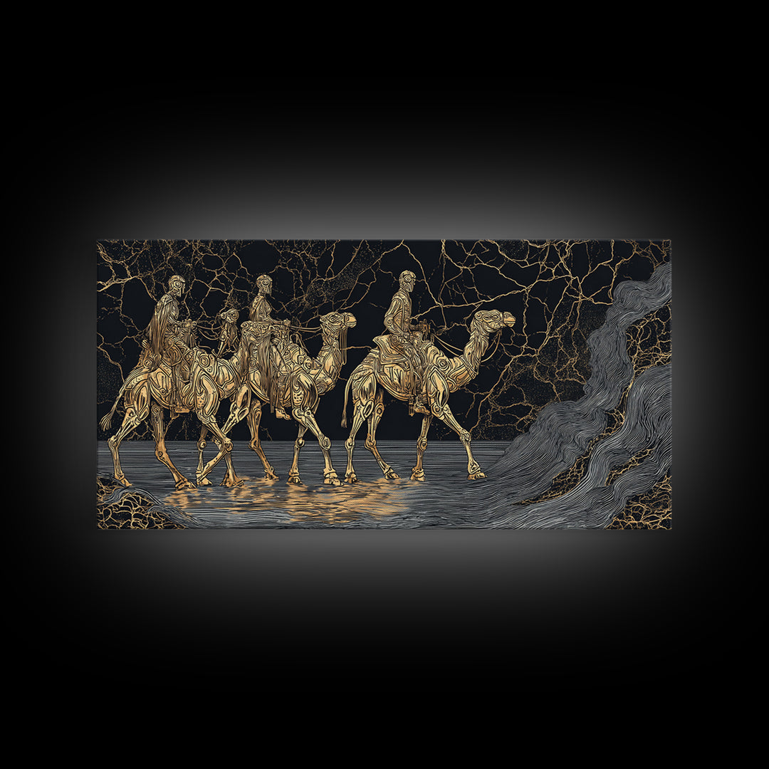 Gold Line Camel Riders Black Marble Wall Art, African Safari Canvas Print, Tribal Desert Decor, Modern Statement Gift For Home
