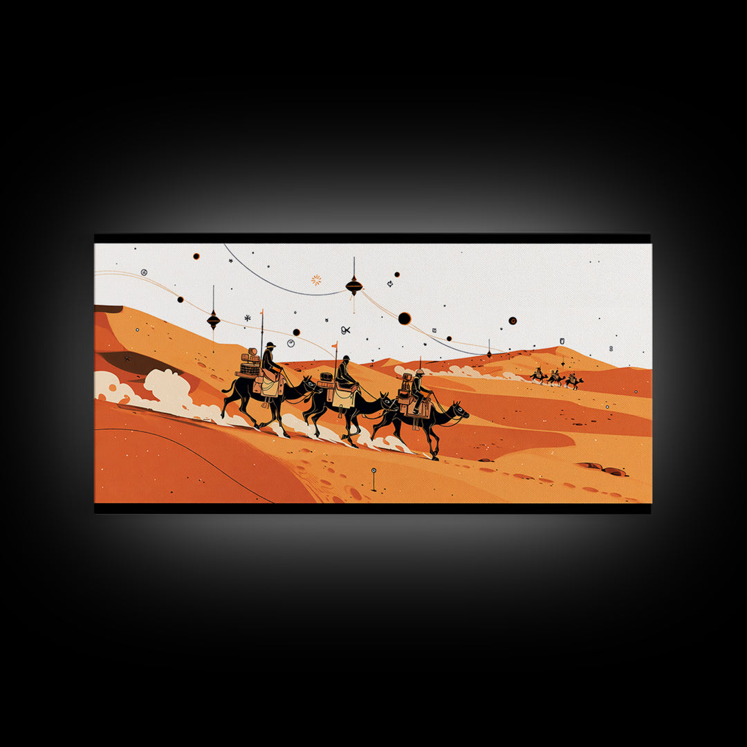 Orange Sahara Camel Caravan Wall Art, African Safari Art, Boho Desert Landscape, Modern African Decor, Travel Poster Gift