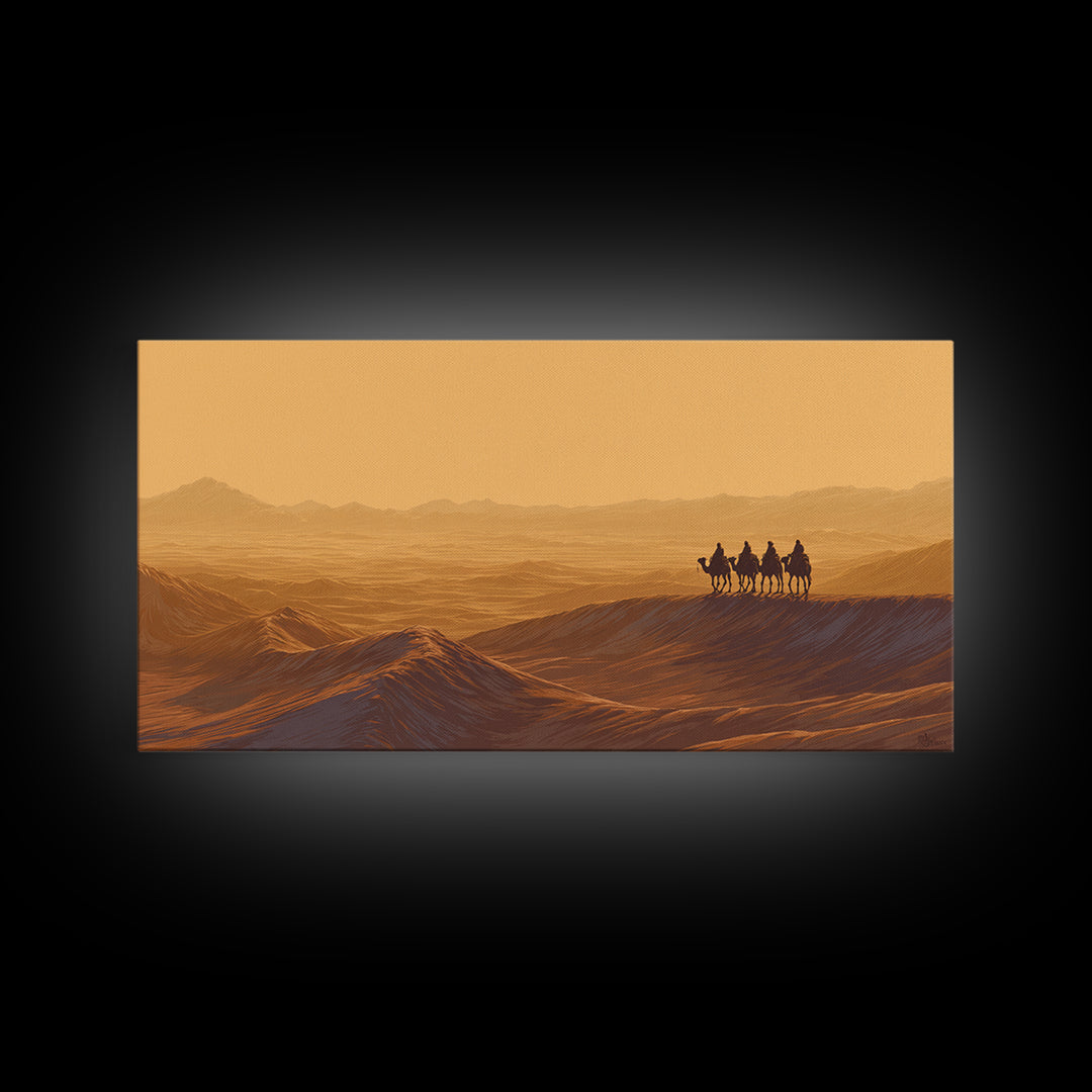 Golden Desert Caravan Silhouette Wall Art, African Landscape, Sahara Travel Poster, Earth Tone Wall Decor, Living Room Art