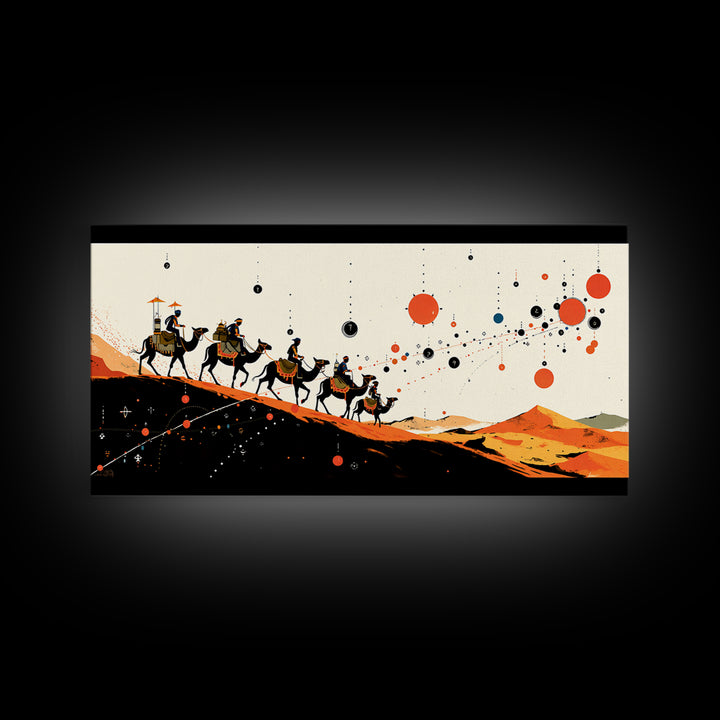Abstract Camel Caravan Wall Art, Orange Desert Dunes, African Safari Art, Boho Wall Decor, Modern African Art Print Gift