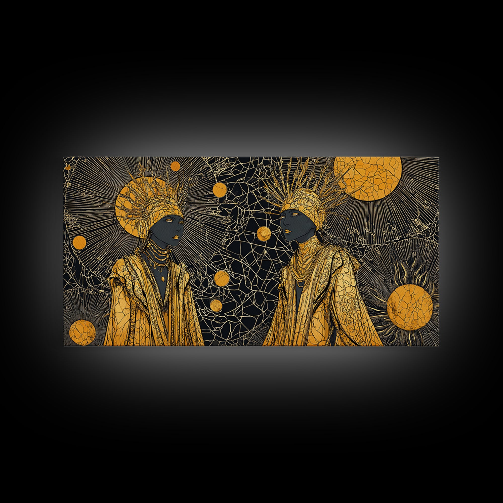 Two Regal African Women Canvas Print, Gold Celestial Portrait, Black Woman Art, Afrocentric Wall Art, Elegant Home Decor