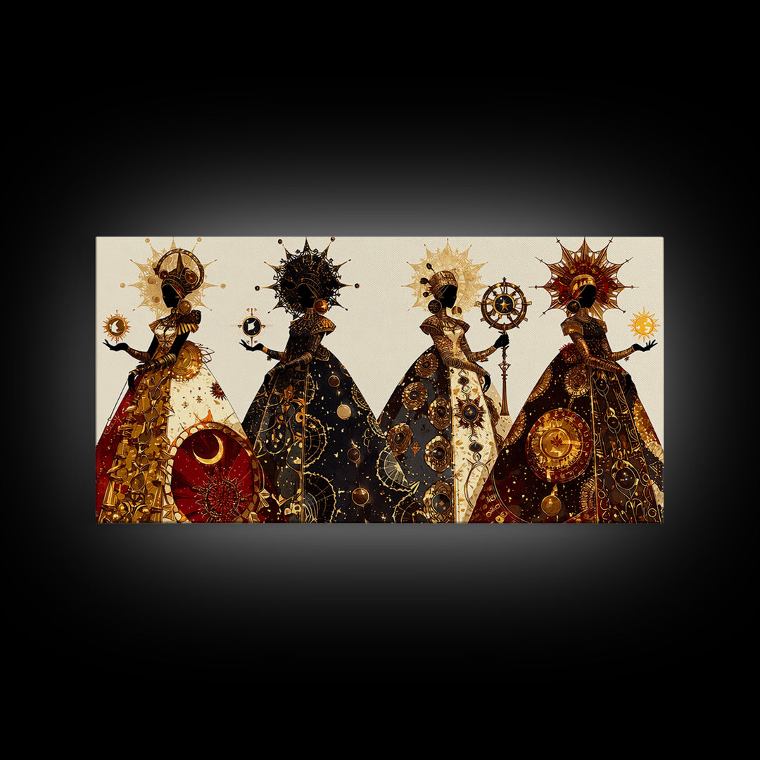 Four Celestial African Queens Framed Canvas Print, Black Goddess Art, Gold Spiritual Wall Decor, Afrocentric Artwork Gift