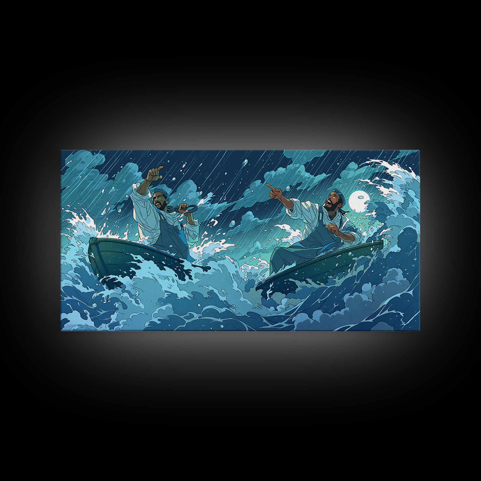 Stormy Sea Boatmen Wall Art, Blue Ocean Waves, African Inspired Spiritual Art, Fishermen Canvas, Dramatic Home Decor Gift