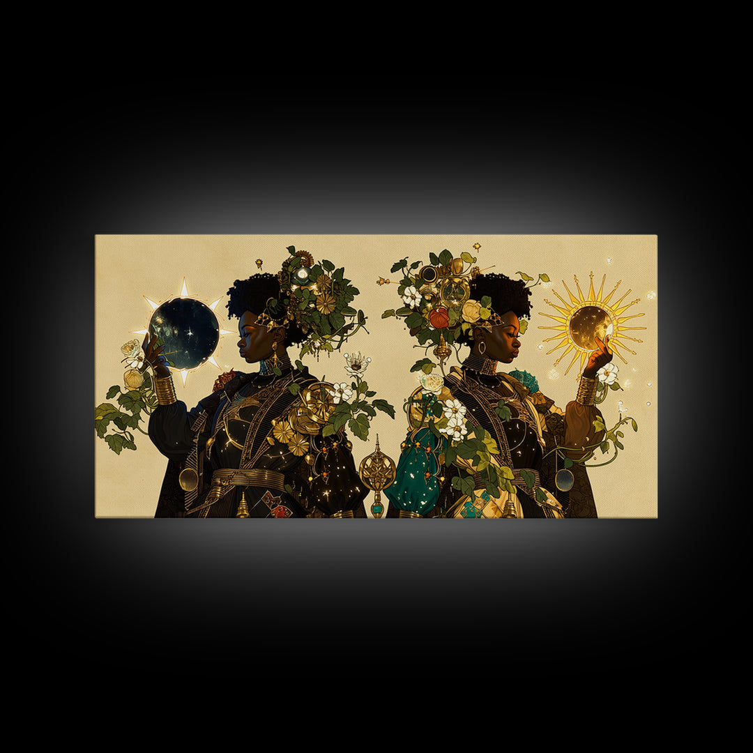 Celestial African Queens With Sun And Moon Framed Canvas Print, Afrocentric Wall Decor, Black Goddess Portrait Art Gift For Her