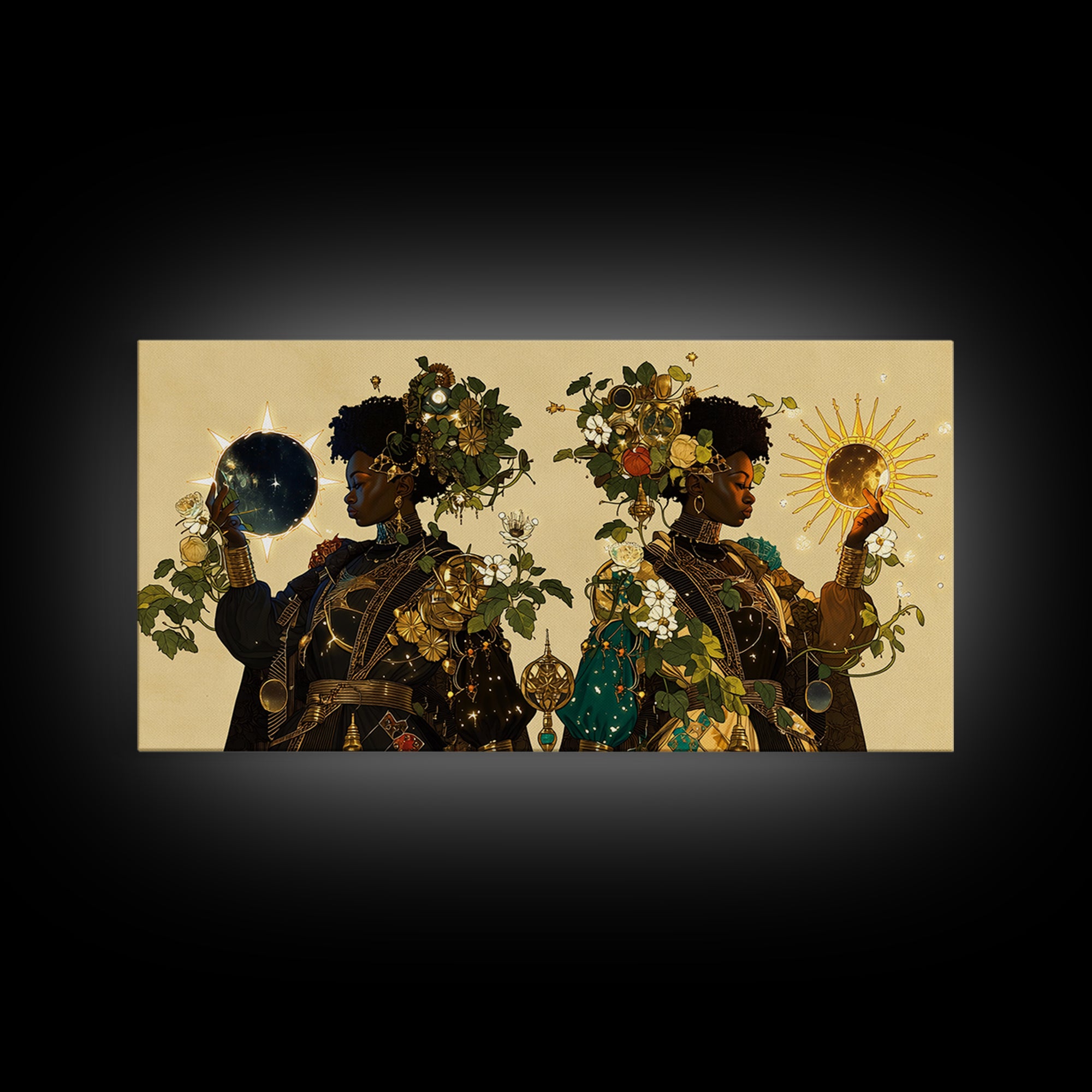 Celestial African Queens With Sun And Moon Framed Canvas Print, Afrocentric Wall Decor, Black Goddess Portrait Art Gift For Her
