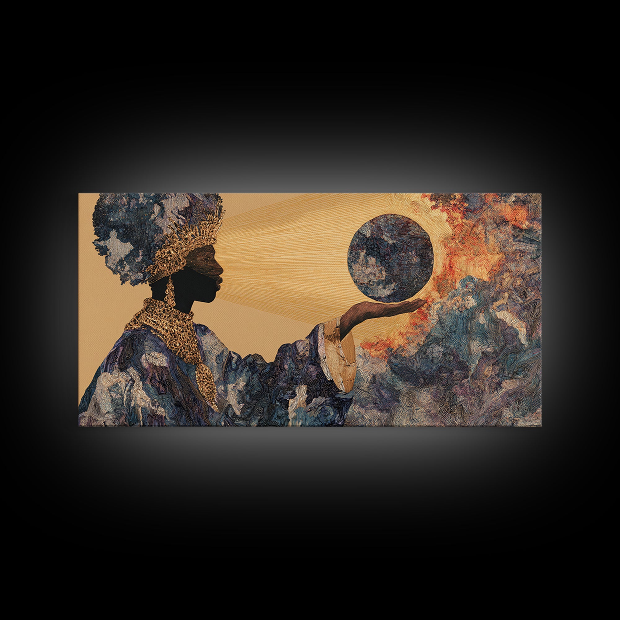 Eclipse African Woman Holding Moon Canvas Print, Afrocentric Wall Art, Black Female Portrait, Celestial Home Decor Gift Idea