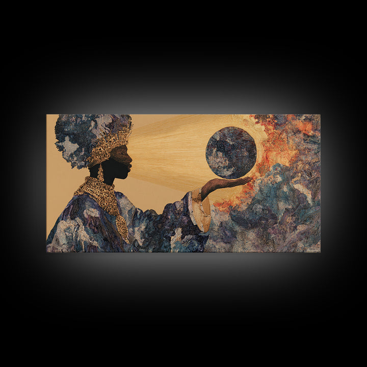 Eclipse African Woman Holding Moon Canvas Print, Afrocentric Wall Art, Black Female Portrait, Celestial Home Decor Gift Idea