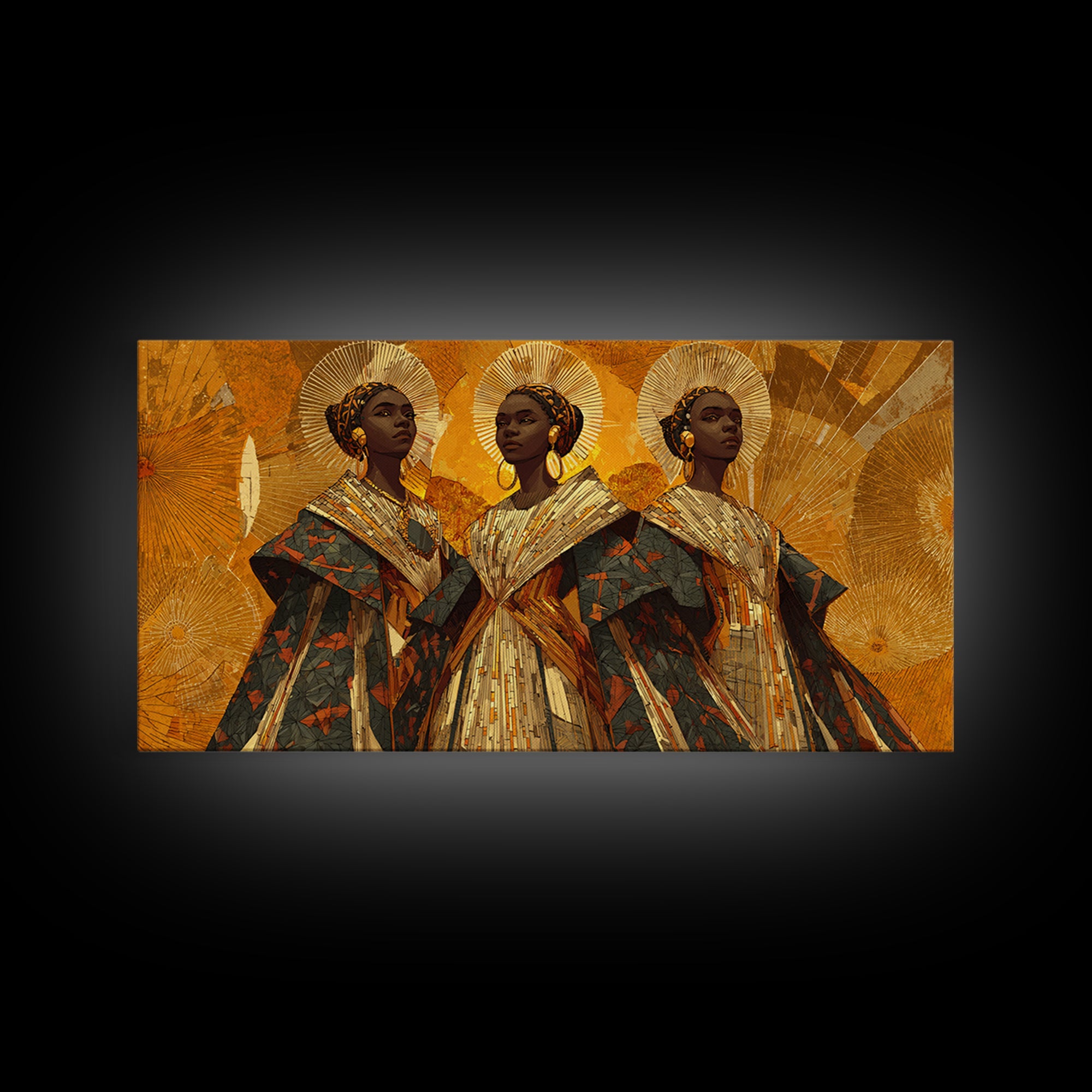Three Regal African Women In Gold Halos Framed Canvas Print, African Wall Art, Black Queen Portrait, Afrocentric Decor Gift