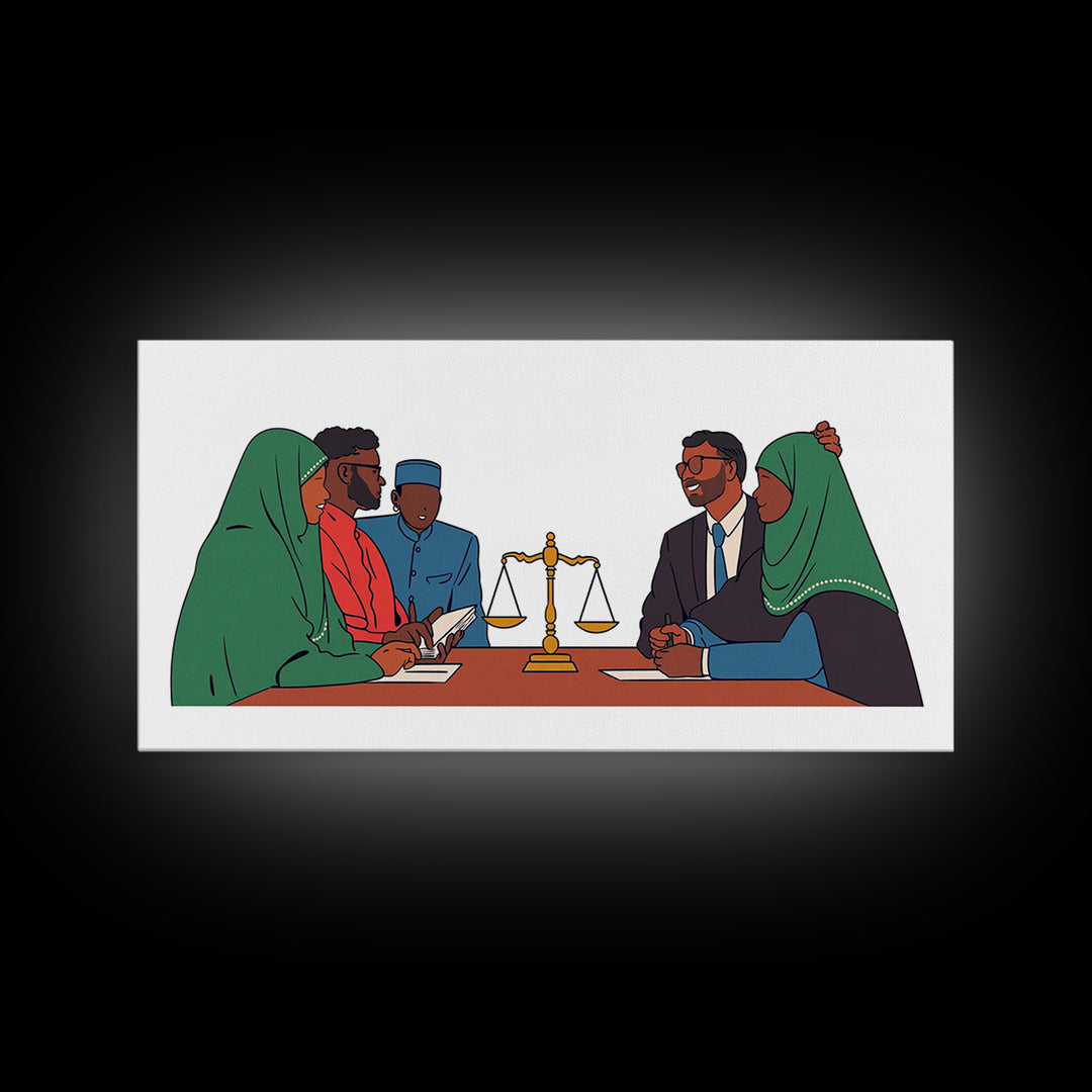 Muslim Family Mediation With Golden Scales Wall Art, Canvas Print, Legal Office Decor, Cultural Meeting Room Artwork Gift