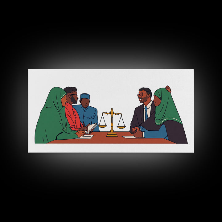 Muslim Family Mediation With Golden Scales Wall Art, Canvas Print, Legal Office Decor, Cultural Meeting Room Artwork Gift