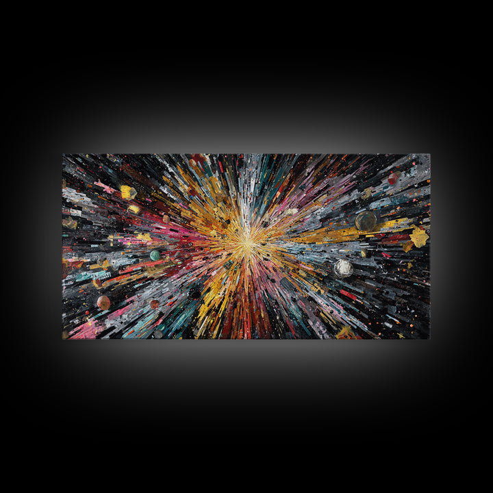 Exploding Universe Starburst With Planets Canvas Print, Abstract Wall Art, Colorful Space Decor, Modern Galaxy Art Gift Idea