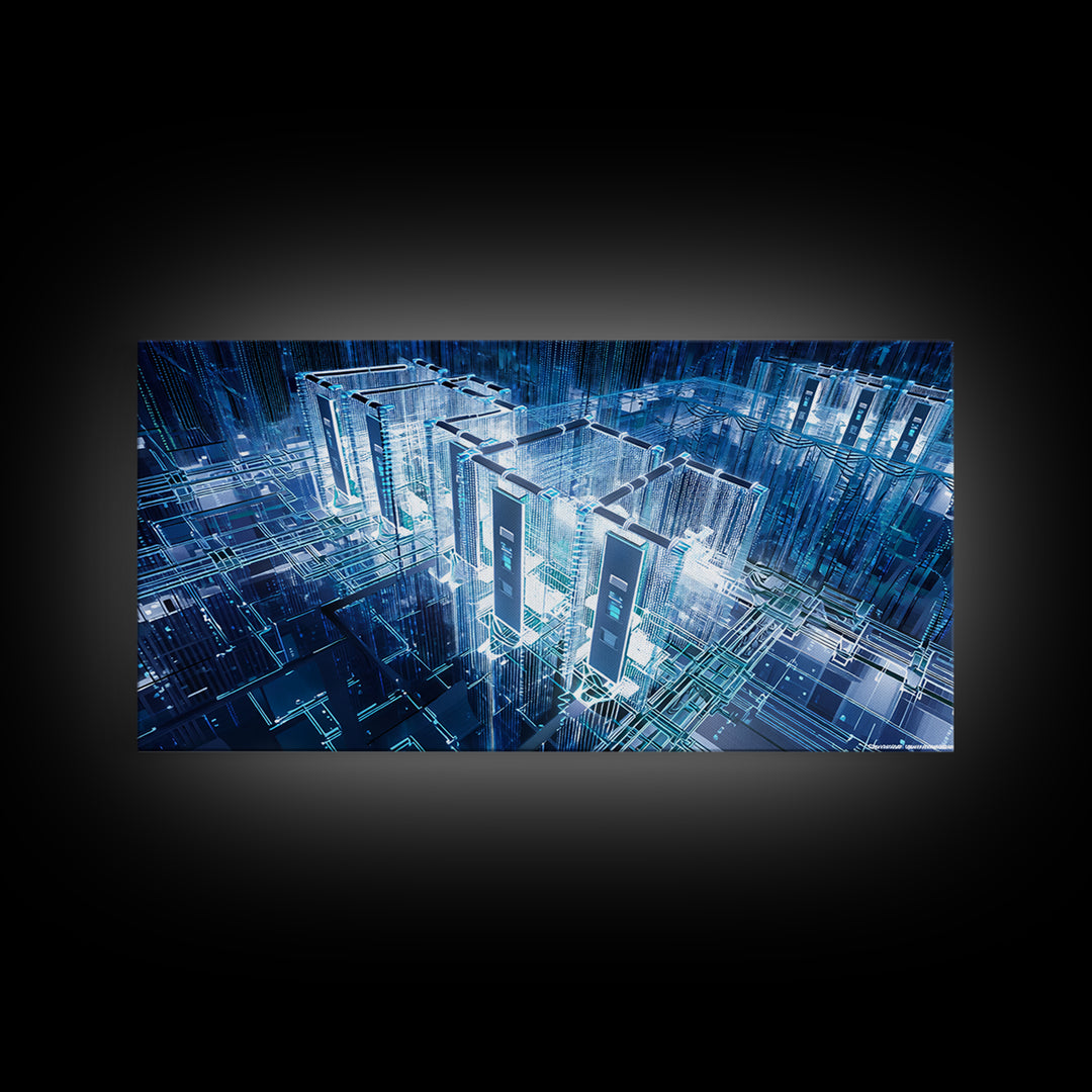 Blue Afrofuturist Data City, Glowing Digital Towers Wall Art, Modern African Abstract, Tech Office Decor, Unique Canvas Gift