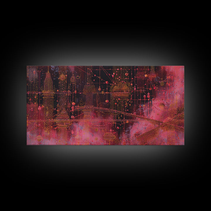 Crimson Circuit Dreamscape With Golden Towers Canvas Print, Modern African Art Abstract, Afrofuturism Decor, Bold Wall Decor