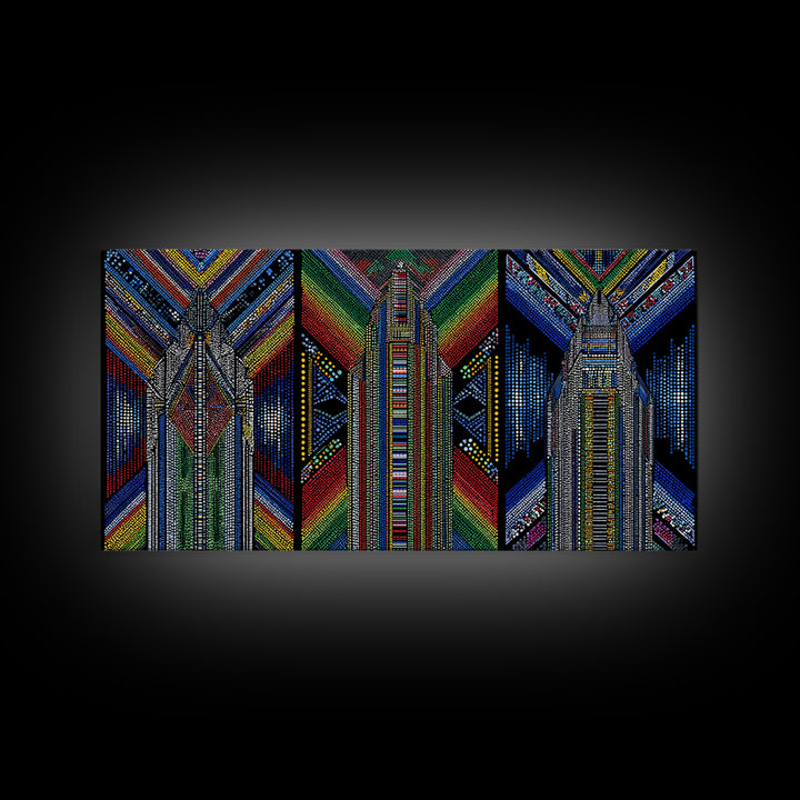 Geometric Beadwork Triptych Towers Wall Art, Abstract African Art, Ankara Pattern Decor, Modern Tribal Canvas Print Gift