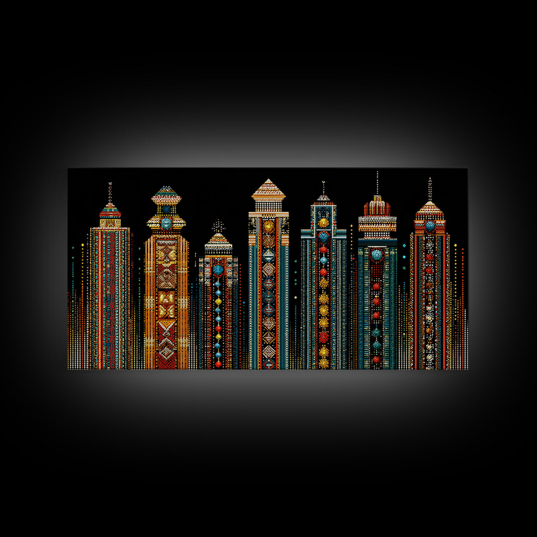 Ornate African Futurist Towers Framed Canvas Print, Tribal Pattern Wall Art, Black Culture Art, Elegant Home Decor, Unique Gift