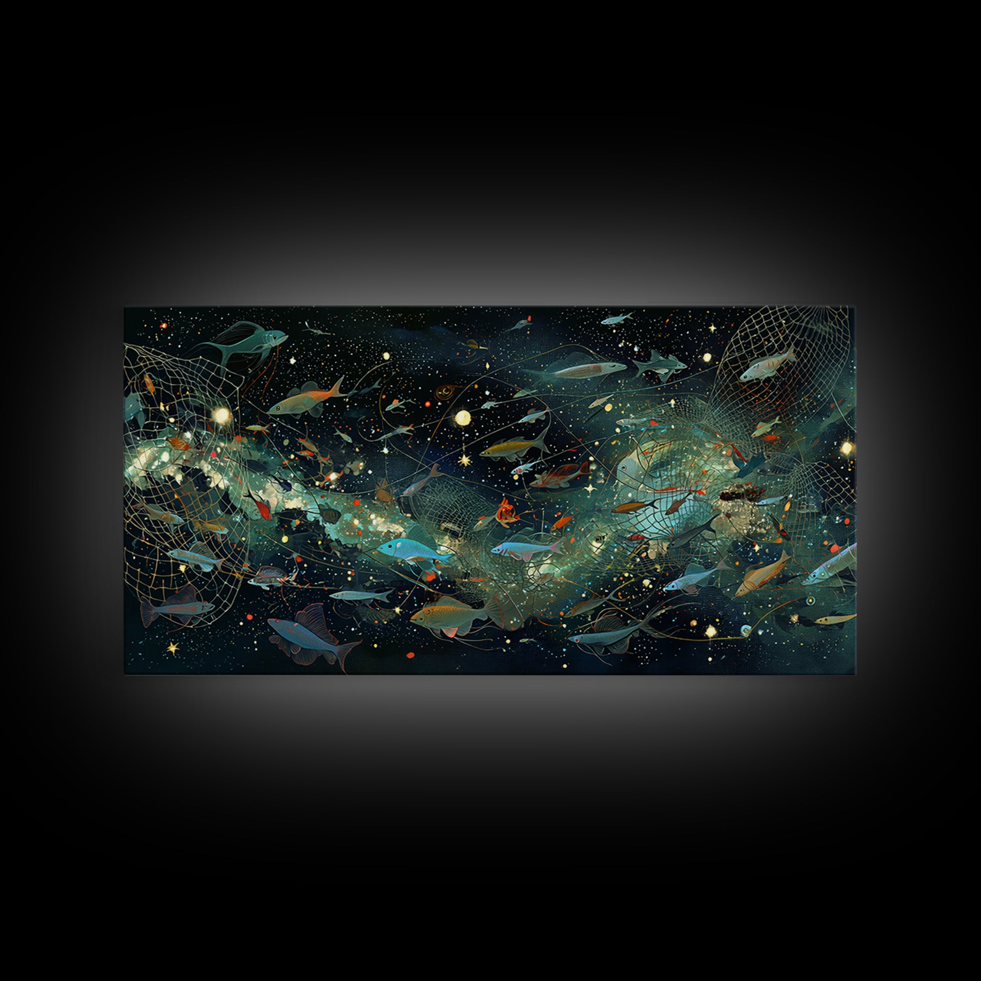 Cosmic Underwater Fish Galaxy Wall Art, Dreamy Ocean Canvas Print, African Inspired Nature Scene Art, Teal Modern Decor Gift